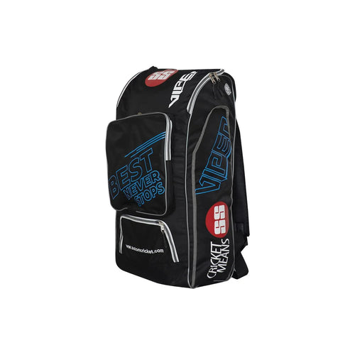 Black SS Viper duffle cricket kit bag featuring 100% Dri-Fit fabric, an adjustable buckle closure, unisex design, and sized to fit all with dimensions of 52cm to 58cm.