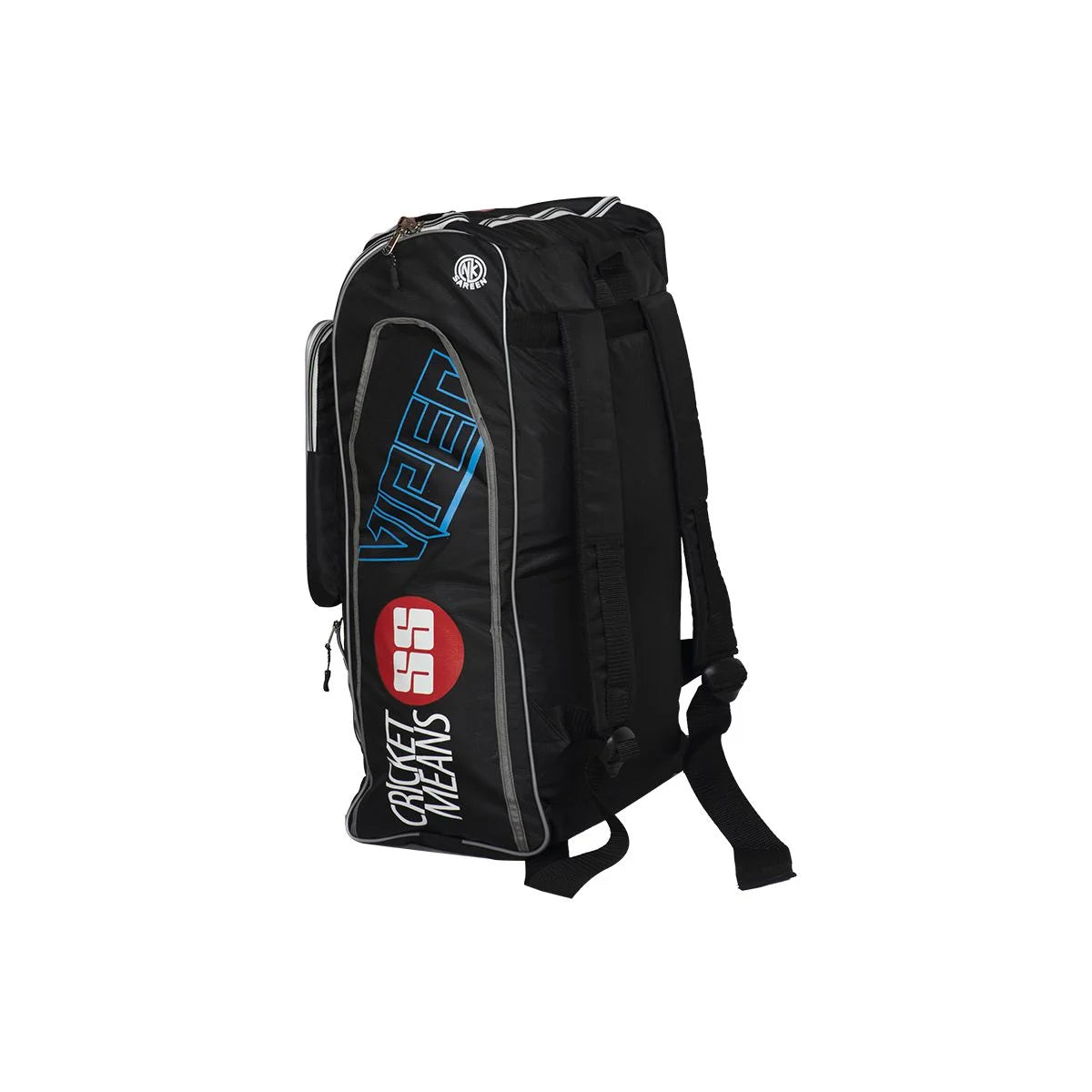 Black SS Viper duffle cricket kit bag featuring 100% Dri-Fit fabric, an adjustable buckle closure, unisex design, and sized to fit all with dimensions of 52cm to 58cm.