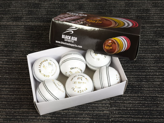 Black Ash Cavalier pack of 6 white cricket leather balls, 156 grams, made of premium quality Australian alum-tanned leather, 4-piece construction, waterproof, excellent shape retention, suitable for 50 overs, and MCC compliant.