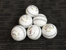 Load image into Gallery viewer, Black Ash Royal Crown pack of 6 white cricket leather balls, 156 grams, premium quality, suitable for 35 to 40 overs, with 4-piece construction, excellent shape retention, and MCC regulations compliant.