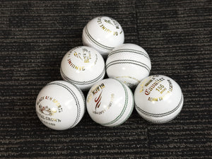 Black Ash Royal Crown pack of 6 white cricket leather balls, 156 grams, premium quality, suitable for 35 to 40 overs, with 4-piece construction, excellent shape retention, and MCC regulations compliant.