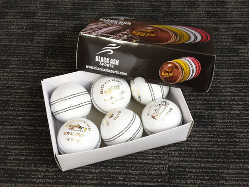 Black Ash Royal Crown pack of 6 white cricket leather balls, 156 grams, premium quality, suitable for 35 to 40 overs, with 4-piece construction, excellent shape retention, and MCC regulations compliant.