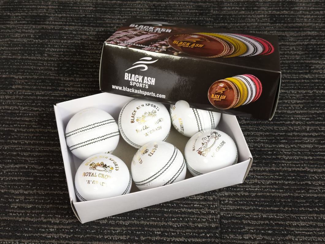 Black Ash Royal Crown pack of 6 white cricket leather balls, 156 grams, premium quality, suitable for 35 to 40 overs, with 4-piece construction, excellent shape retention, and MCC regulations compliant.