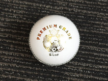 Load image into Gallery viewer, Pack of 6 white cricket balls from Black Ash Premium grade, made of genuine leather with 4-piece construction for excellent shape retention. These premium quality balls are machine-stitched, adhere to MCC regulations, and are ideal for 30 to 35 overs, each weighing 156 grams (5.5 ounces).