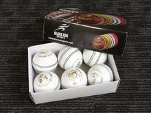 Load image into Gallery viewer, Pack of 6 white cricket balls from Black Ash Premium grade, made of genuine leather with 4-piece construction for excellent shape retention. These premium quality balls are machine-stitched, adhere to MCC regulations, and are ideal for 30 to 35 overs, each weighing 156 grams (5.5 ounces).