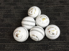 Load image into Gallery viewer, Pack of 6 white Black Ash Royal Crown cricket leather balls, 156 grams, designed for practice T20 cricket, with premium quality genuine leather, 4-piece construction, and meeting MCC standards