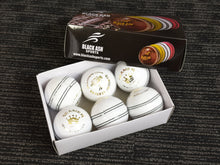 Load image into Gallery viewer, Pack of 6 white Black Ash Royal Crown cricket leather balls, 156 grams, designed for practice T20 cricket, with premium quality genuine leather, 4-piece construction, and meeting MCC standards