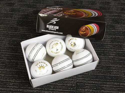 Pack of 6 white Black Ash Royal Crown cricket leather balls, 156 grams, designed for practice T20 cricket, with premium quality genuine leather, 4-piece construction, and meeting MCC standards