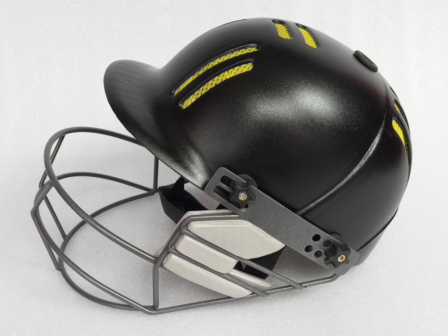 Black Ash Junior Cricket Helmet with an adjustable steel grill for superior protection and visibility, featuring an Air Flow cooling system for enhanced ventilation, very comfortable and secure fit, and available in 6 colors.