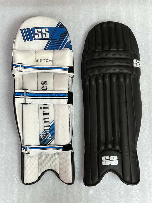 SS Match Cricket Batting Pads, lightweight with a new design for enhanced comfort, made from fine materials with cane inserts, extra-wide side bolsters, knee protection zone, and mesh lining for cooling and ventilation, offering top protection.