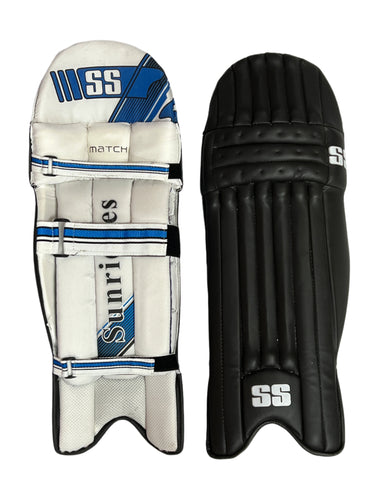 SS Match Cricket Batting Pads, lightweight with a new design for enhanced comfort, made from fine materials with cane inserts, extra-wide side bolsters, knee protection zone, and mesh lining for cooling and ventilation, offering top protection.
