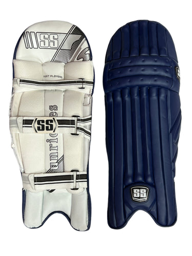 SS Test Player Batting Pads, lightweight with great protection, used by international players, featuring a new design for comfort, leather instep, cane inserts for impact absorption, and extra HD protection for top-level performance.