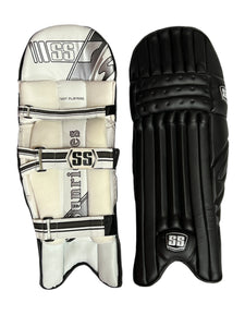 SS Test Player Batting Pads, lightweight with great protection, used by international players, featuring a new design for comfort, leather instep, cane inserts for impact absorption, and extra HD protection for top-level performance.