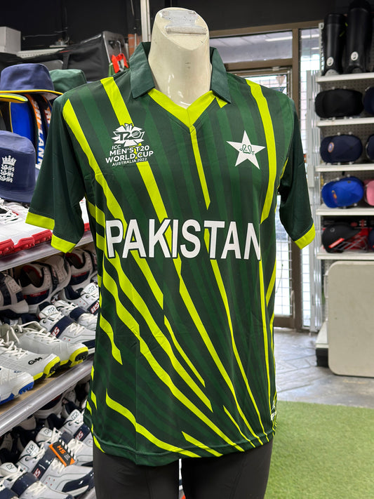 Official Pakistan T20 World Cup 2022 jersey, made from 100% polyester dri-fit fabric, offering features like anti-pilling, breathable, and anti-microbial qualities. Designed for comfort with half sleeves and a regular North American fit, machine washable and non-iron
