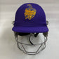 Black Ash custom IPL adjustable helmet, adorned with the logos of IPL teams like Kolkata Knight Riders and Mumbai Indians, featuring a high impact polypropylene shell, chrome finish steel grill with 8 micro adjustments, sweat-absorbent padding, adjustable to fit 52-58 cm, with nape dial adjuster and soft ear protection for optimal fit and protection.