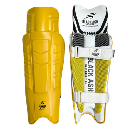 Black Ash Signature Batting Pads in Black, offering premium quality, lightweight and ultra-comfortable design with 3 Velcro straps, suitable for players seeking protection without sacrificing mobility, available in multiple colors.