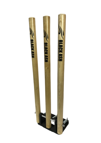 Set of Black Ash spring return stumps, featuring three stumps mounted on a spring-loaded base for convenience and portability, comes with bails in matching colors, made of Ash wood, available in black, blue, and natural wood colors.