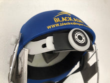 Load image into Gallery viewer, Black Ash custom International adjustable helmet, featuring a high impact polypropylene shell and chrome finish steel grill with 8 micro adjustments for enhanced protection and visibility, sweat-absorbent padding, and soft ear protection, adjustable to fit sizes 52-58 cm.
