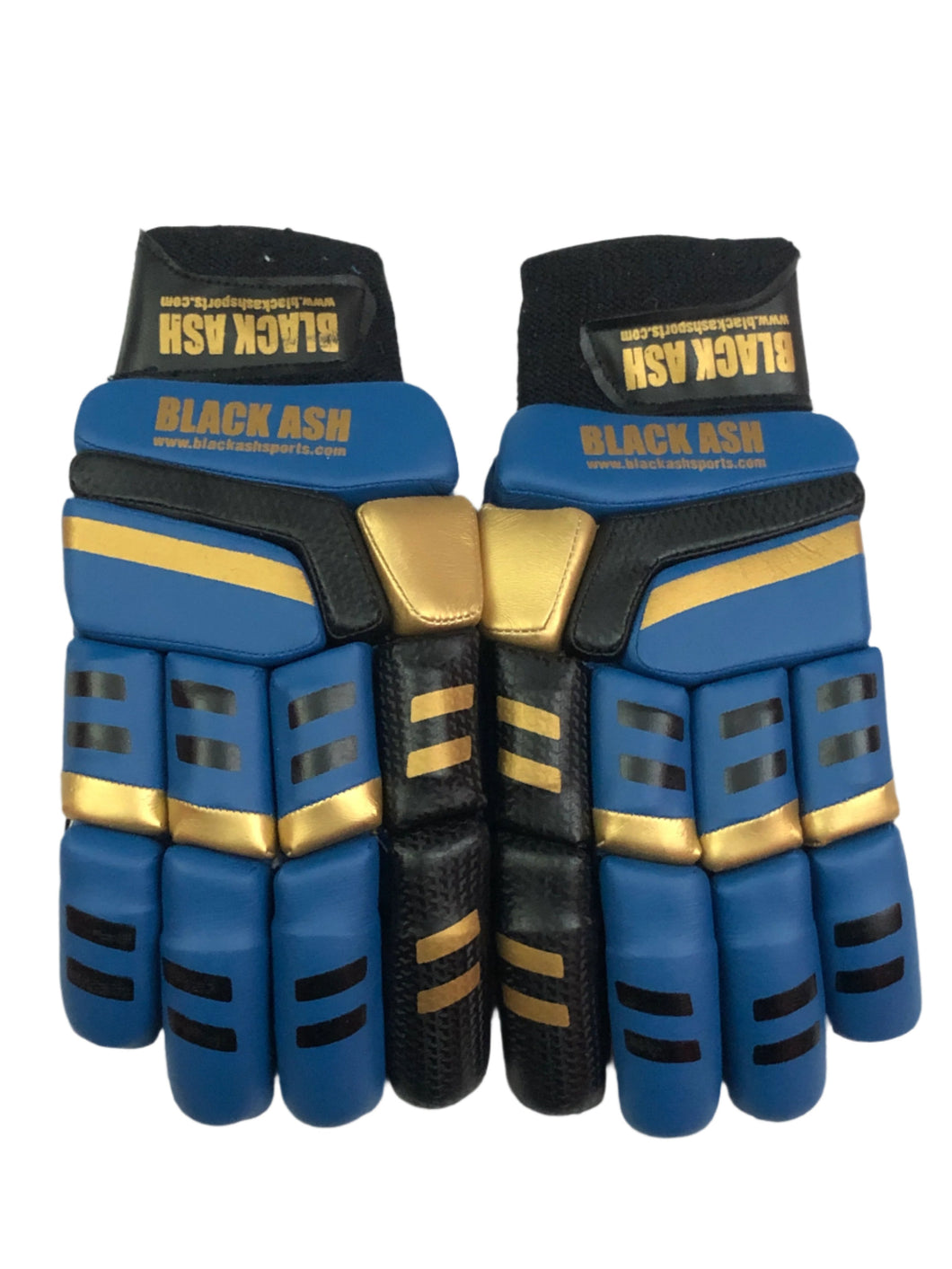 Blue/Gold Cricket Batting Gloves by Black Ash, offering light-weight high-density foam for protection, strong inserts for additional finger protection, full leather palm, and available for both right and left-hand players in blue and gold.