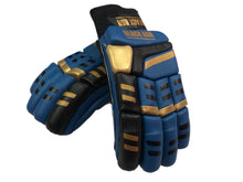 Load image into Gallery viewer, Blue/Gold Cricket Batting Gloves by Black Ash, offering light-weight high-density foam for protection, strong inserts for additional finger protection, full leather palm, and available for both right and left-hand players in blue and gold.