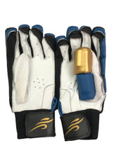 Load image into Gallery viewer, Blue/Gold Cricket Batting Gloves by Black Ash, offering light-weight high-density foam for protection, strong inserts for additional finger protection, full leather palm, and available for both right and left-hand players in blue and gold.