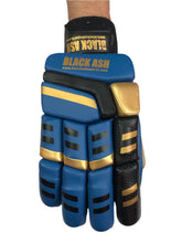 Load image into Gallery viewer, Blue/Gold Cricket Batting Gloves by Black Ash, offering light-weight high-density foam for protection, strong inserts for additional finger protection, full leather palm, and available for both right and left-hand players in blue and gold.