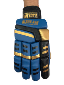 Blue/Gold Cricket Batting Gloves by Black Ash, offering light-weight high-density foam for protection, strong inserts for additional finger protection, full leather palm, and available for both right and left-hand players in blue and gold.
