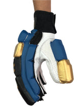 Load image into Gallery viewer, Blue/Gold Cricket Batting Gloves by Black Ash, offering light-weight high-density foam for protection, strong inserts for additional finger protection, full leather palm, and available for both right and left-hand players in blue and gold.