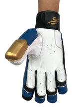 Load image into Gallery viewer, Blue/Gold Cricket Batting Gloves by Black Ash, offering light-weight high-density foam for protection, strong inserts for additional finger protection, full leather palm, and available for both right and left-hand players in blue and gold.