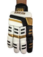 Load image into Gallery viewer, White/Gold Cricket Batting Gloves by Black Ash, with light-weight high-density foam, strong inserts in fingers for added protection, full leather palm and thumb, two-piece thumb for comfort, in white and gold.