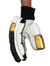 Load image into Gallery viewer, White/Gold Cricket Batting Gloves by Black Ash, with light-weight high-density foam, strong inserts in fingers for added protection, full leather palm and thumb, two-piece thumb for comfort, in white and gold.