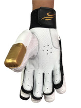 Load image into Gallery viewer, White/Gold Cricket Batting Gloves by Black Ash, with light-weight high-density foam, strong inserts in fingers for added protection, full leather palm and thumb, two-piece thumb for comfort, in white and gold.