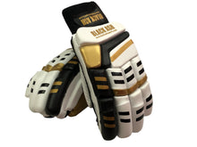 Load image into Gallery viewer, White/Gold Cricket Batting Gloves by Black Ash, with light-weight high-density foam, strong inserts in fingers for added protection, full leather palm and thumb, two-piece thumb for comfort, in white and gold.