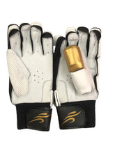 Load image into Gallery viewer, White/Gold Cricket Batting Gloves by Black Ash, with light-weight high-density foam, strong inserts in fingers for added protection, full leather palm and thumb, two-piece thumb for comfort, in white and gold.