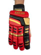 Load image into Gallery viewer, Red/Gold Cricket Batting Gloves by Black Ash, featuring light-weight high-density foam for great protection and comfort, full leather palm and thumb, and available for right and left-hand players in red and gold.