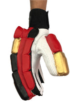 Load image into Gallery viewer, Red/Gold Cricket Batting Gloves by Black Ash, featuring light-weight high-density foam for great protection and comfort, full leather palm and thumb, and available for right and left-hand players in red and gold.