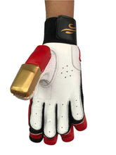 Load image into Gallery viewer, Red/Gold Cricket Batting Gloves by Black Ash, featuring light-weight high-density foam for great protection and comfort, full leather palm and thumb, and available for right and left-hand players in red and gold.