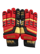 Load image into Gallery viewer, Red/Gold Cricket Batting Gloves by Black Ash, featuring light-weight high-density foam for great protection and comfort, full leather palm and thumb, and available for right and left-hand players in red and gold.