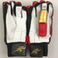 Red/Gold Cricket Batting Gloves by Black Ash, featuring light-weight high-density foam for great protection and comfort, full leather palm and thumb, and available for right and left-hand players in red and gold.