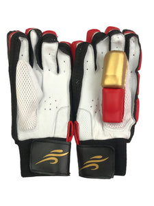 Red/Gold Cricket Batting Gloves by Black Ash, featuring light-weight high-density foam for great protection and comfort, full leather palm and thumb, and available for right and left-hand players in red and gold.