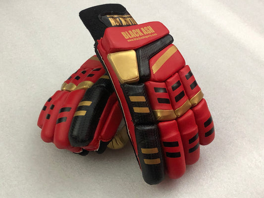 Red/Gold Cricket Batting Gloves by Black Ash, featuring light-weight high-density foam for great protection and comfort, full leather palm and thumb, and available for right and left-hand players in red and gold.