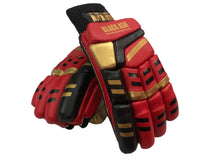 Load image into Gallery viewer, Red/Gold Cricket Batting Gloves by Black Ash, featuring light-weight high-density foam for great protection and comfort, full leather palm and thumb, and available for right and left-hand players in red and gold.