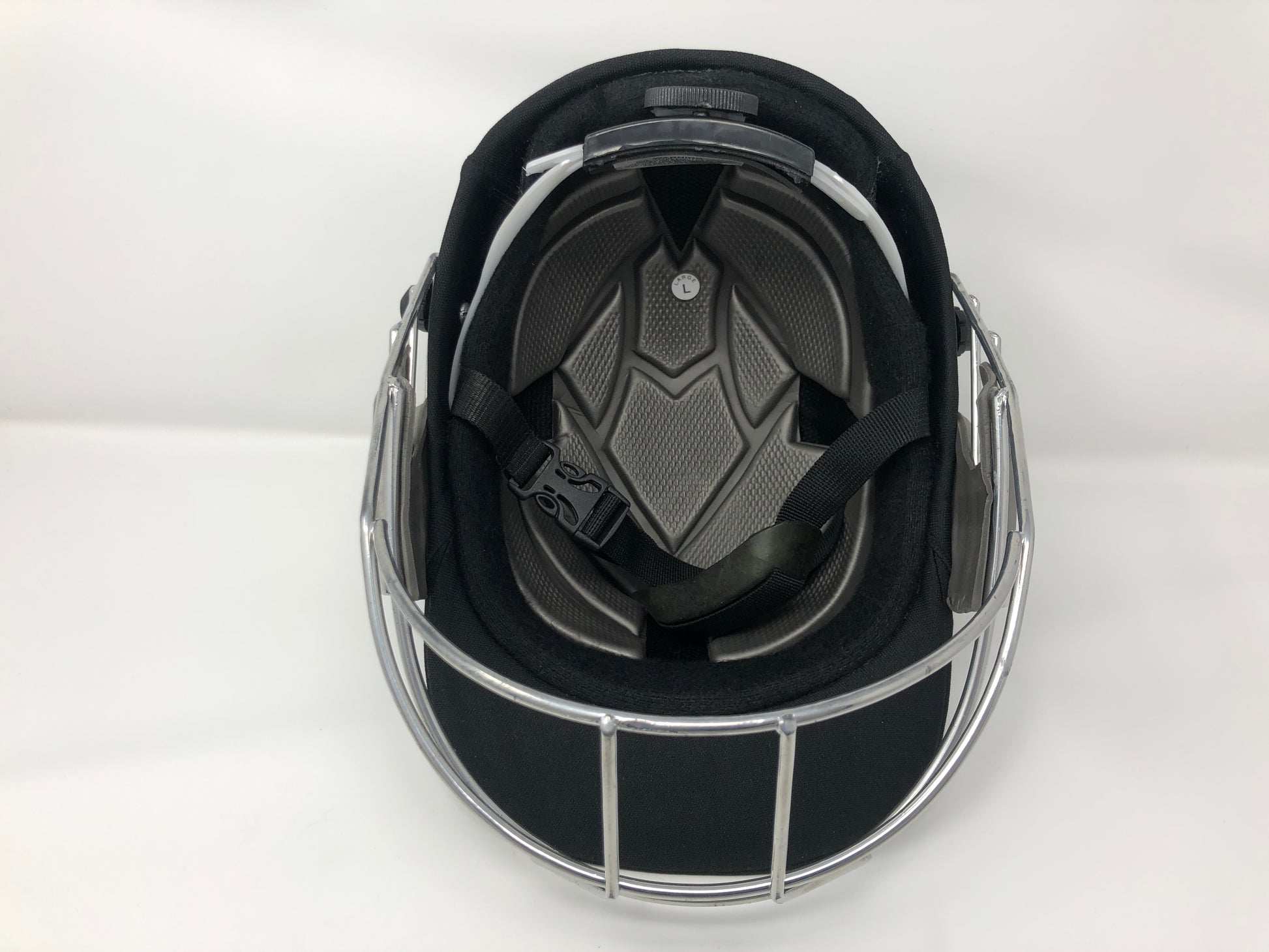 Black Ash custom adjustable helmet with a high impact polypropylene shell and chrome finish steel grill, offering 8 micro adjustments for optimal protection and visibility, impact-resistant padding, adjustable to fit 52-58 cm, with nape dial adjuster and soft ear protection.