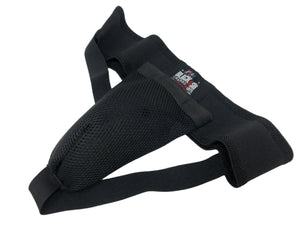Black Ash abdominal guard with strap, made of solid polyethylene, featuring rubber edges for comfort, ventilated design for air circulation, ensuring protection during play