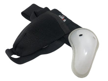 Load image into Gallery viewer, Black Ash abdominal guard with strap, made of solid polyethylene, featuring rubber edges for comfort, ventilated design for air circulation, ensuring protection during play