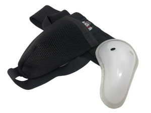 Black Ash abdominal guard with strap, made of solid polyethylene, featuring rubber edges for comfort, ventilated design for air circulation, ensuring protection during play