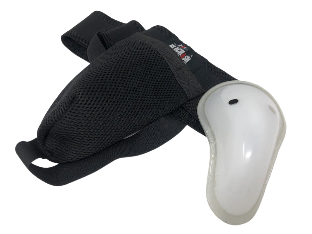 Black Ash abdominal guard with strap, made of solid polyethylene, featuring rubber edges for comfort, ventilated design for air circulation, ensuring protection during play