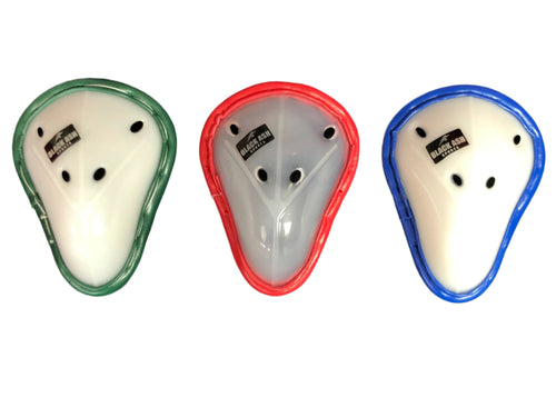 Wider Black Ash abdominal guard made of solid polyethylene, cushioned edges for added comfort, ventilated for optimal air circulation, designed for enhanced protection and comfort.