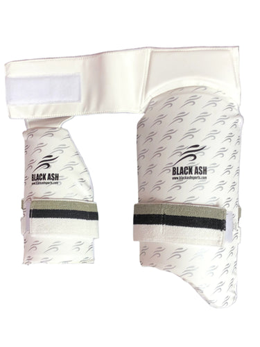Black Ash combo thigh guard, ultra lightweight with phenomenal protection, designed for professional-level comfort and ease of movement. Features fully adjustable components for a custom fit, Velcro strap with towel lining for comfort, available in multiple sizes from XS to L.