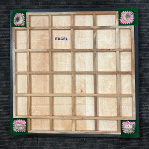 PRECISE Excel A-One carrom board with a 6mm thick special selected A-One waterproof ply, measuring 32x32 inches overall with a 29x29 inch playing area, 1.5-inch borders, and strong hand-knitted wool nets. Includes a striker and a set of coins, featuring plastic feet for elevation.
